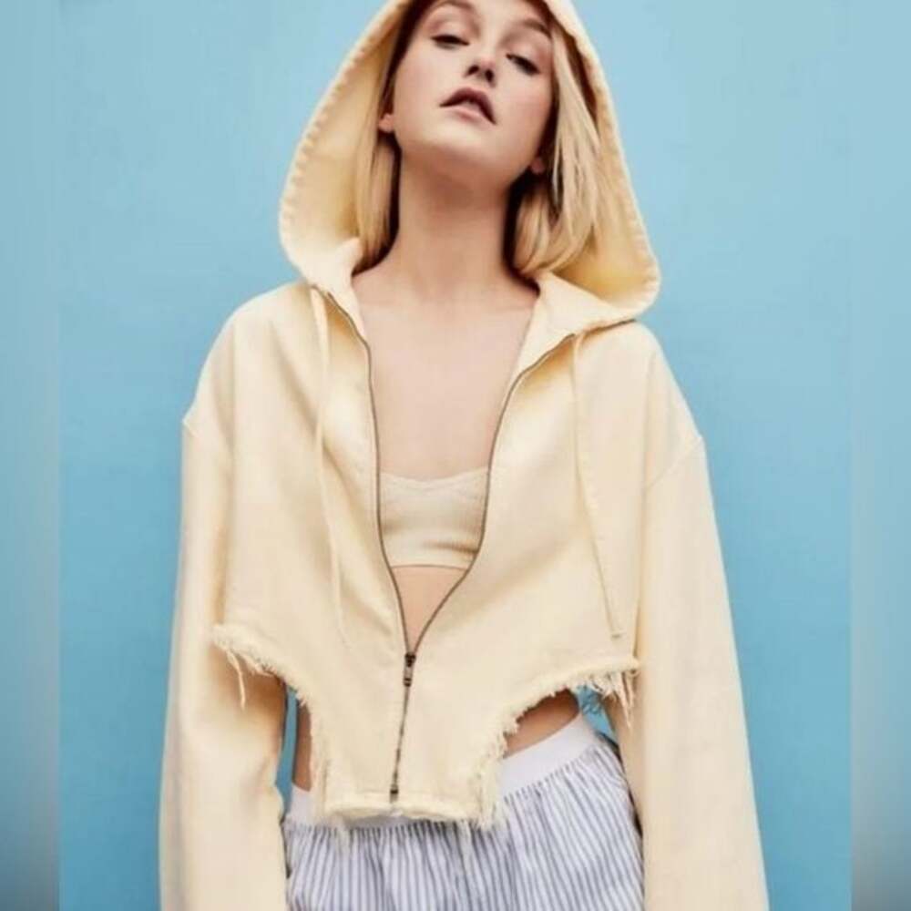 Zara small yellow frayed cropped asymmetrical hoodie